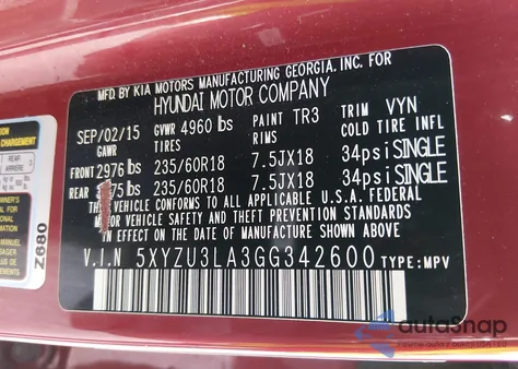 2016 Hyundai Santa Fe Sport 2.0L Turbo from USA, damaged, VIN 5XYZU3LA3GG342600